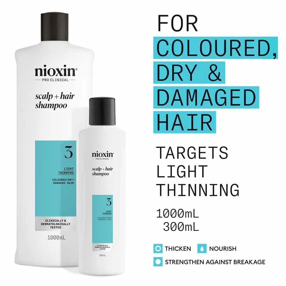 Nioxin System 3 Scalp + Hair Thickening Shampoo for Coloured, Dry and Damaged Hair with Light Thinning 1L
